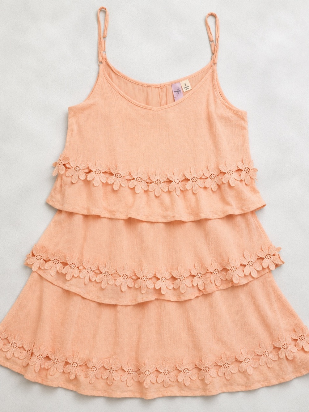 Alya from Francesca’s Peach Tiered Floral-Trim Mini Dress